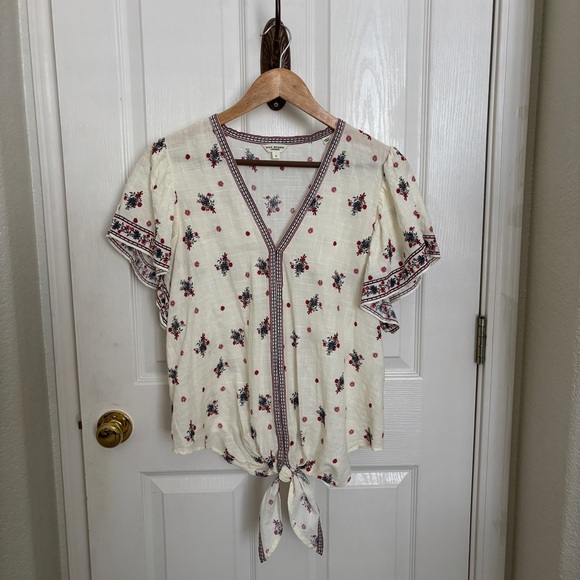 Max Studio Tops - Max Studio Floral Cream Tie-Front Blouse Size Large